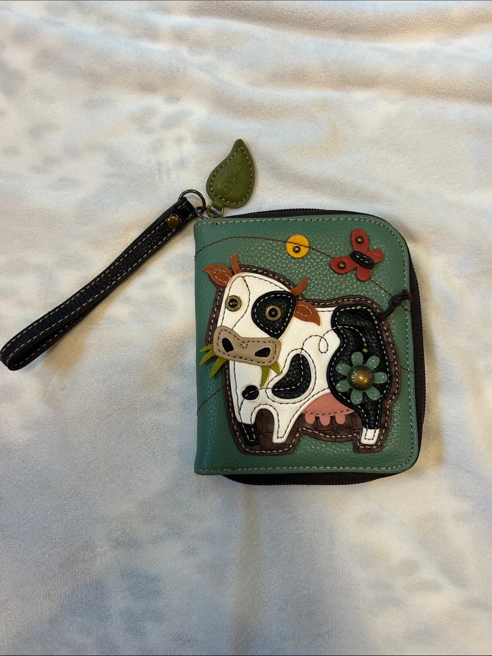 Chala Green Cow Appliqué Wristlet Wallet